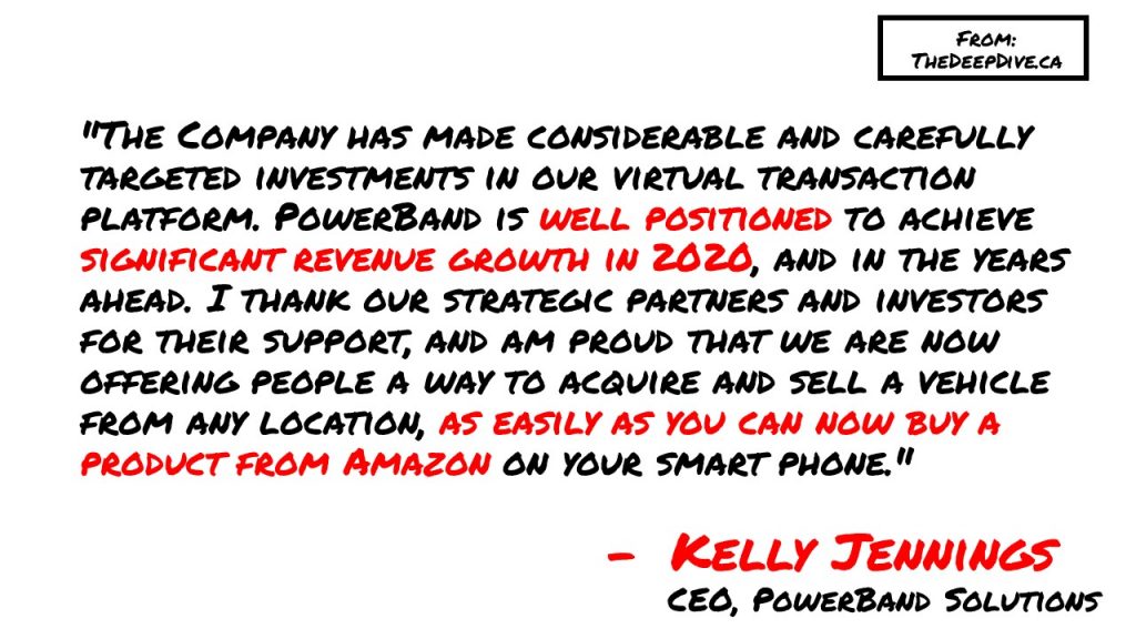 "The Company has made considerable and carefully targeted investments in our virtual transaction platform. PowerBand is well positioned to achieve significant revenue growth in 2020, and in the years ahead. I thank our strategic partners and investors for their support, and am proud that we are now offering people a way to acquire and sell a vehicle from any location, as easily as you can now buy a product from Amazon on your smart phone." 
Kelly Jennings, PowerBand CEO