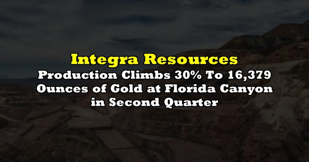 Production Climbs 30% To 16,379 Ounces of Gold at Florida Canyon in Second Quarter