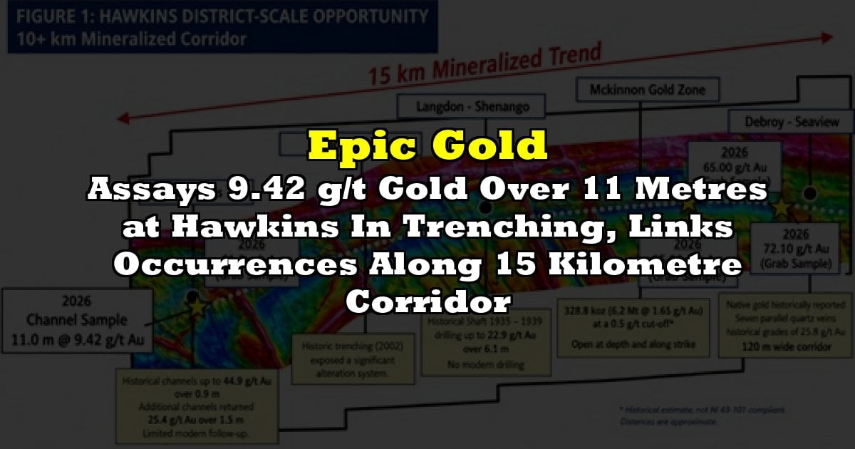 Assays 9.42 g/t Gold Over 11 Metres at Hawkins In Trenching, Links Occurrences Along 15 Kilometre Corridor