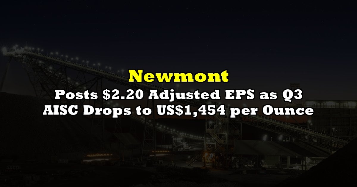Posts $2.20 Adjusted EPS as Q3 AISC Drops to US$1,454 per Ounce
